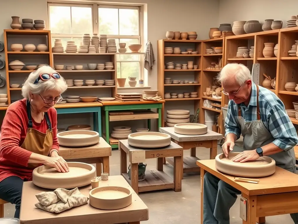 A group of seniors engaged in a pottery class at the FOYER RURAL D’ARC SUR TILLE, demonstrating the leisure programs available to promote creativity, relaxation, and social interaction among older adults.