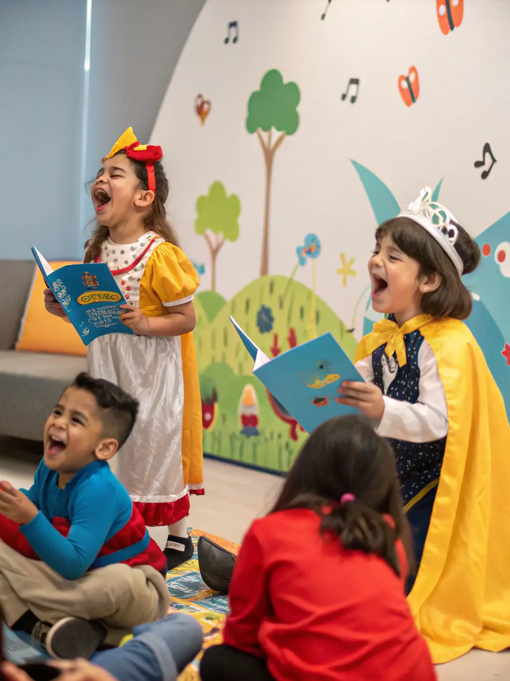 A group of children engaged in a drama workshop, showcasing the educational and creative programs offered by FOYER RURAL D’ARC SUR TILLE.
