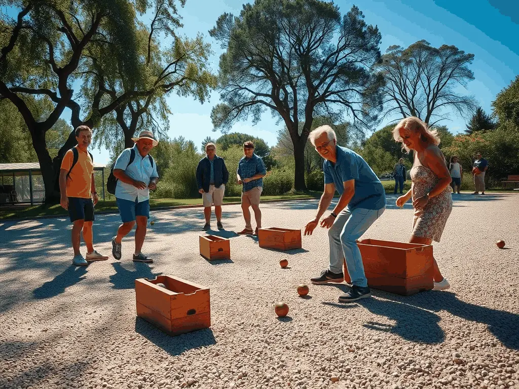 A team of local residents playing a friendly game of pétanque in a park, highlighting the sporting activities promoted by FOYER RURAL D’ARC SUR TILLE to encourage physical activity and social interaction.