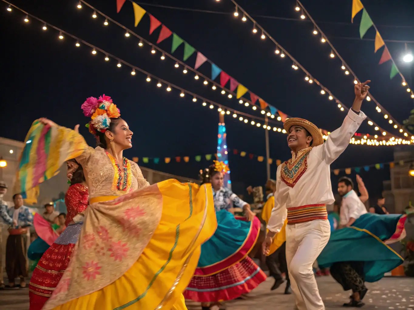 A group of people participating in a local cultural festival, showcasing traditional music and dance, with the FOYER RURAL D’ARC SUR TILLE banner in the background.