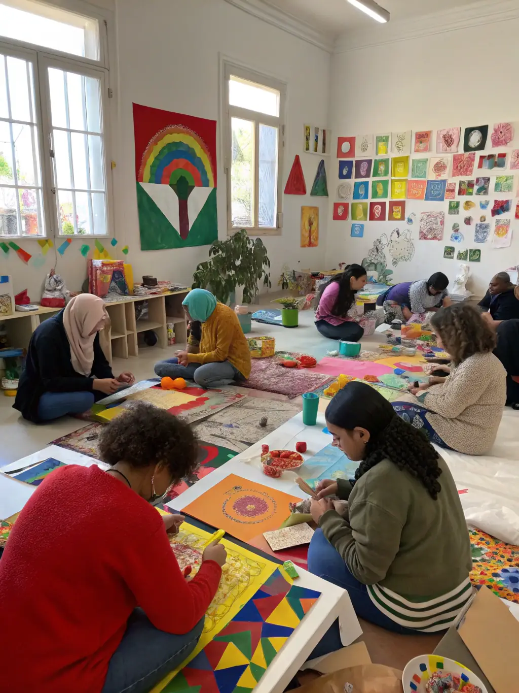 A photo of adults engaged in a cultural workshop, such as painting or pottery, at the FOYER RURAL D’ARC SUR TILLE, emphasizing creativity and community interaction.