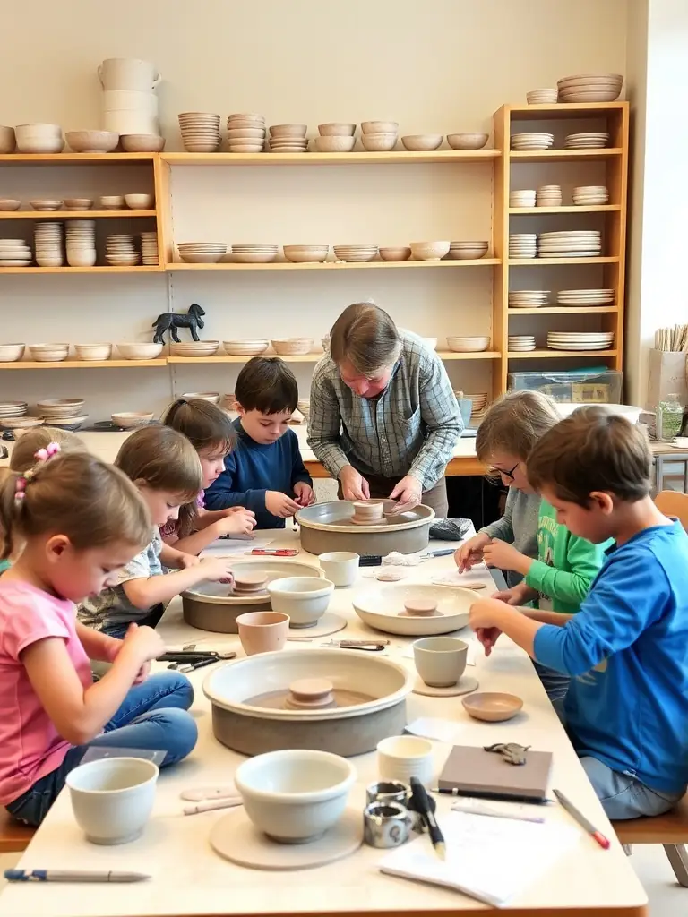 A group of people participating in a pottery class, focused on hands shaping clay, showcasing the cultural activities offered by FOYER RURAL D’ARC SUR TILLE.
