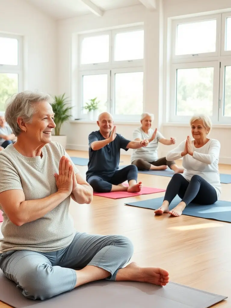 A picture of seniors participating in a gentle exercise class at FOYER RURAL D’ARC SUR TILLE, promoting health and well-being for older adults.